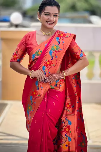 pink woven meenakari jacquard paithani silk blend ethnic saree