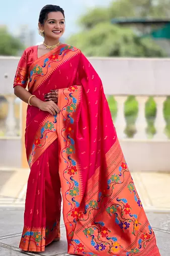 pink woven meenakari jacquard paithani silk blend ethnic saree