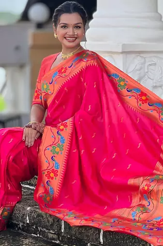pink woven meenakari jacquard paithani silk blend ethnic saree