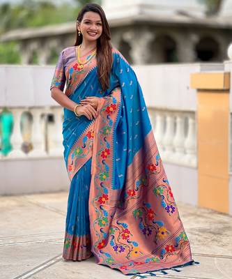 sky blue woven meenakari jacquard paithani silk blend ethnic saree 1