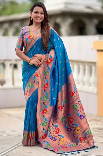sky blue color  woven meenakari jacquard designer paithani silk blend fabric ethnic saree