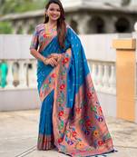 sky blue color woven meenakari jacquard paithani silk blend fabric ethnic saree