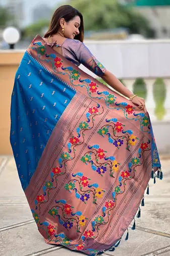 sky blue woven meenakari jacquard paithani silk blend ethnic saree