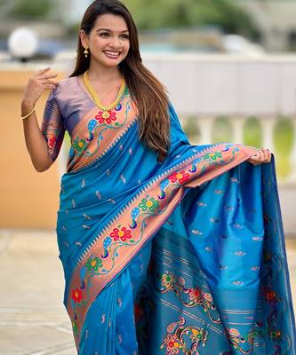 sky blue woven meenakari jacquard paithani silk blend ethnic saree 3