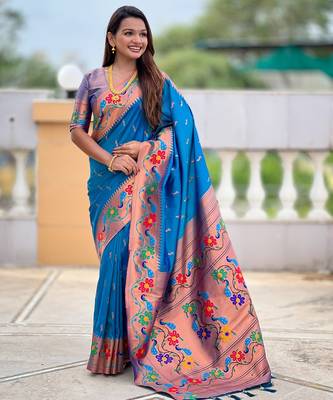 sky blue woven meenakari jacquard paithani silk blend ethnic saree 4