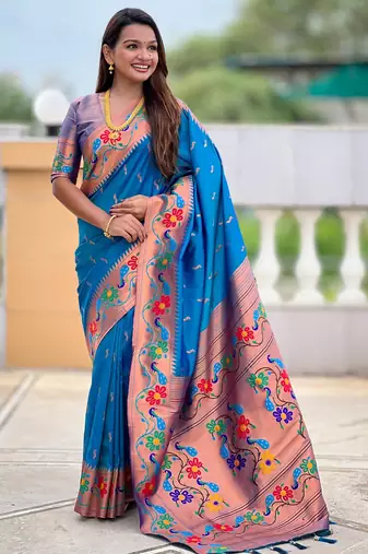 sky blue woven meenakari jacquard paithani silk blend ethnic saree