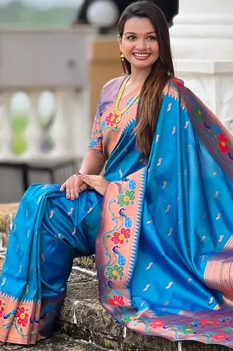 sky blue woven meenakari jacquard paithani silk blend ethnic saree