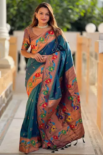teal color  woven meenakari jacquard designer paithani silk blend fabric ethnic saree