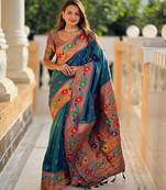 teal color woven meenakari jacquard paithani silk blend fabric ethnic saree