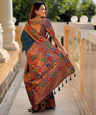 teal woven meenakari jacquard paithani silk blend ethnic saree 2
