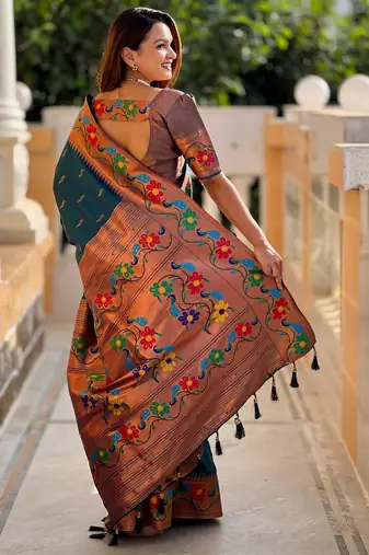 teal woven meenakari jacquard paithani silk blend ethnic saree