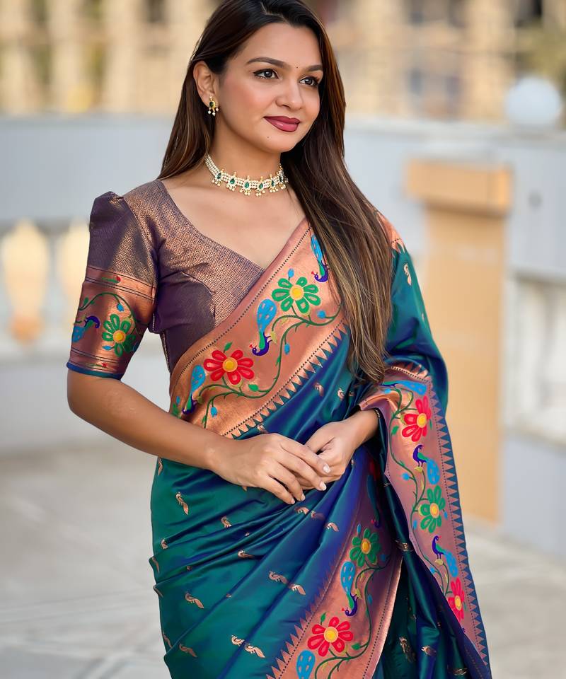 teal color  woven meenakari jacquard designer paithani silk blend fabric ethnic saree