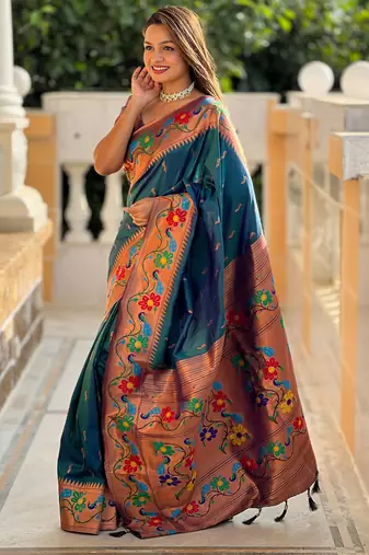 teal woven meenakari jacquard paithani silk blend ethnic saree