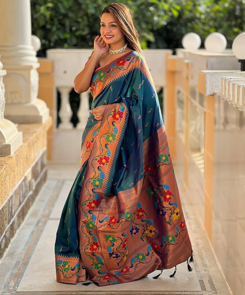 teal color  woven meenakari jacquard designer paithani silk blend fabric ethnic saree