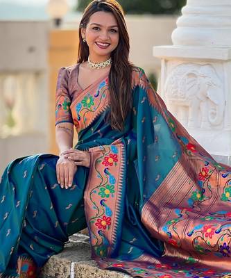 teal woven meenakari jacquard paithani silk blend ethnic saree 5