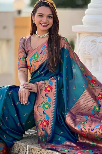 teal woven meenakari jacquard paithani silk blend ethnic saree