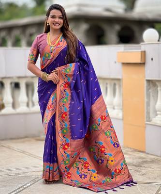 violet woven meenakari jacquard paithani silk blend ethnic saree 1