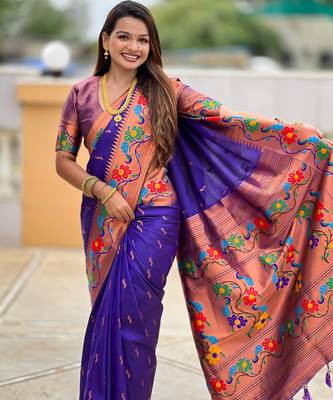 violet woven meenakari jacquard paithani silk blend ethnic saree 3