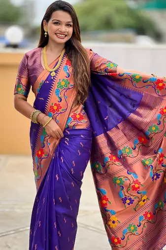 violet woven meenakari jacquard paithani silk blend ethnic saree