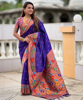 violet woven meenakari jacquard paithani silk blend ethnic saree 4
