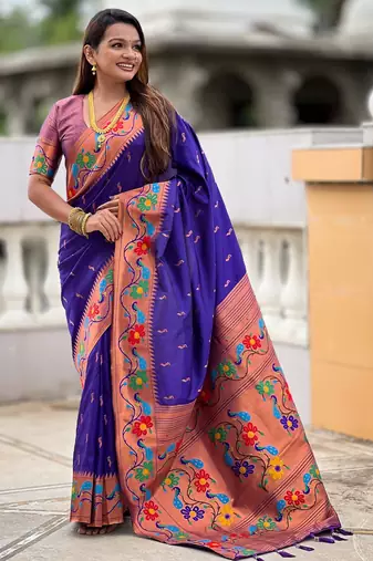 violet woven meenakari jacquard paithani silk blend ethnic saree