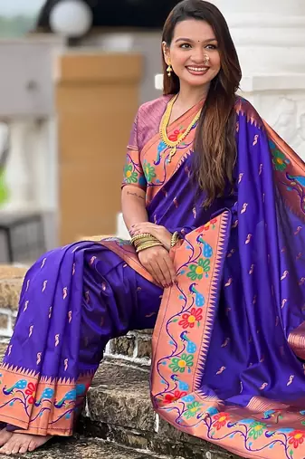 violet woven meenakari jacquard paithani silk blend ethnic saree