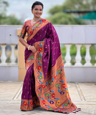 wine woven meenakari jacquard paithani silk blend ethnic saree 1