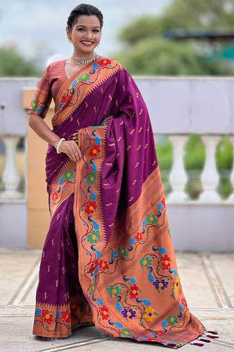 wine color  woven meenakari jacquard designer paithani silk blend fabric ethnic saree