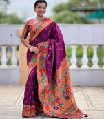 wine color woven meenakari jacquard paithani silk blend fabric ethnic saree