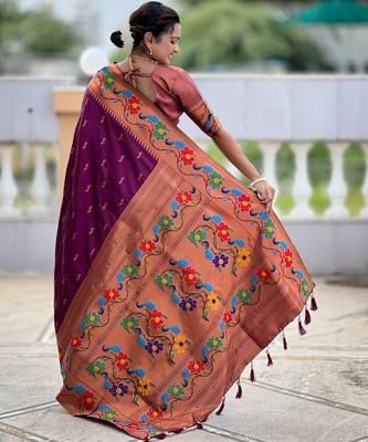 wine woven meenakari jacquard paithani silk blend ethnic saree 2