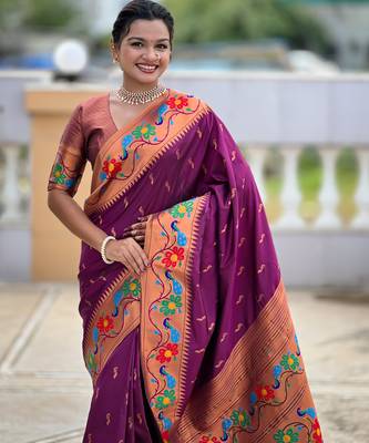 wine woven meenakari jacquard paithani silk blend ethnic saree 3