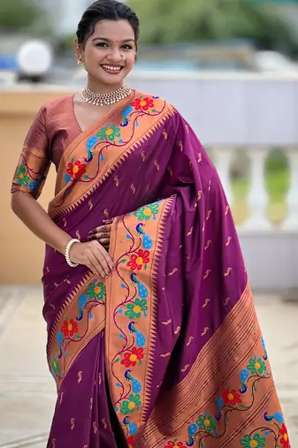wine woven meenakari jacquard paithani silk blend ethnic saree