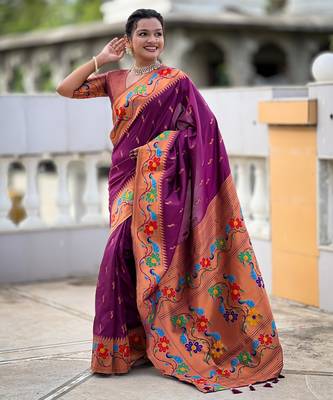 wine woven meenakari jacquard paithani silk blend ethnic saree 4
