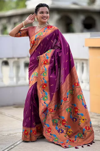 wine woven meenakari jacquard paithani silk blend ethnic saree