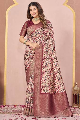 rust color tussar silk blend designer printed saree with woven designer