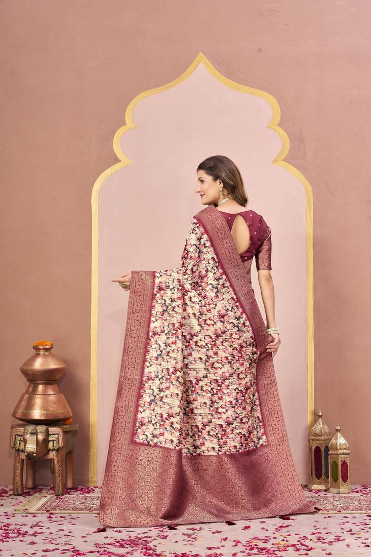 rust color tussar silk blend designer printed saree with woven designer