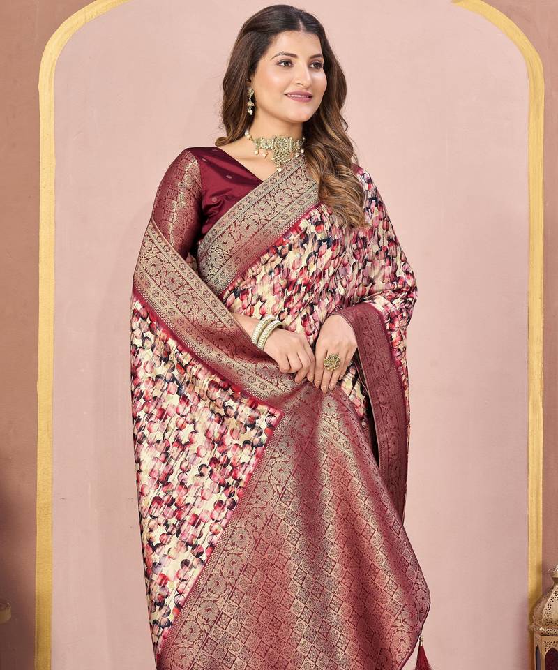 rust color tussar silk blend designer printed saree with woven designer