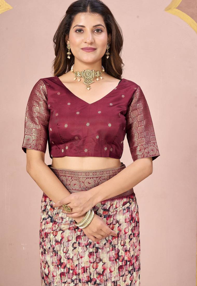 rust color tussar silk blend designer printed saree with woven designer