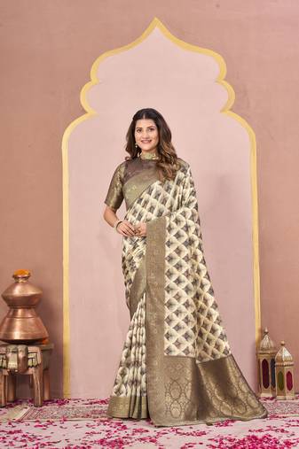 mehandi color tussar silk blend designer printed saree with woven designer
