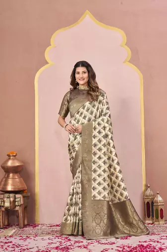 mehandi color tussar silk blend designer printed saree with woven designer