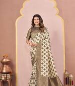 mehandi color tussar silk blend printed saree with woven 