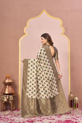 mehandi tussar silk blend printed saree with woven  2