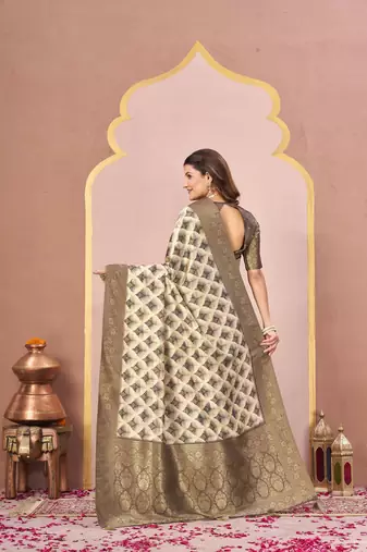 mehandi tussar silk blend printed saree with woven 