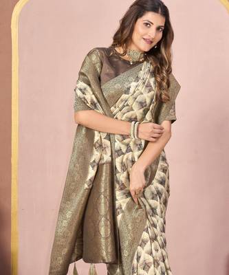 mehandi tussar silk blend printed saree with woven  3