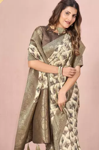 mehandi tussar silk blend printed saree with woven 