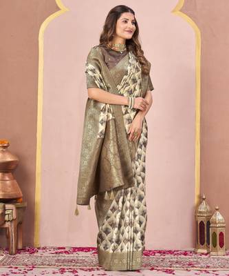 mehandi tussar silk blend printed saree with woven  4