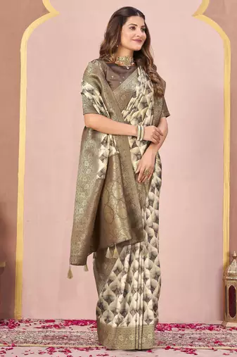 mehandi tussar silk blend printed saree with woven 