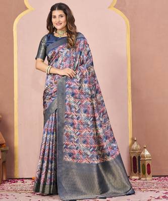 blue tussar silk blend printed saree with woven  1