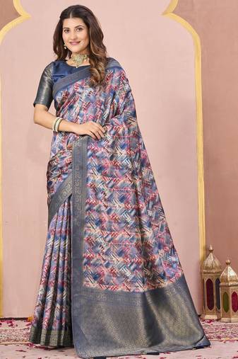 blue color tussar silk blend designer printed saree with woven designer