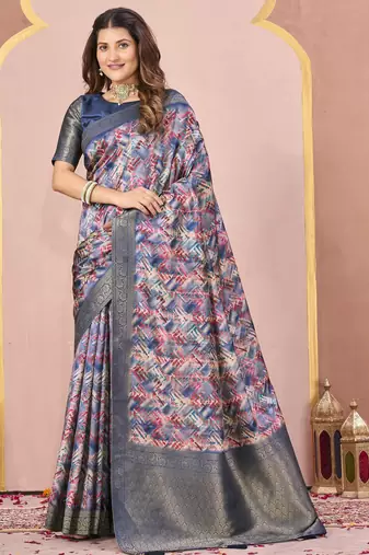 blue color tussar silk blend designer printed saree with woven designer